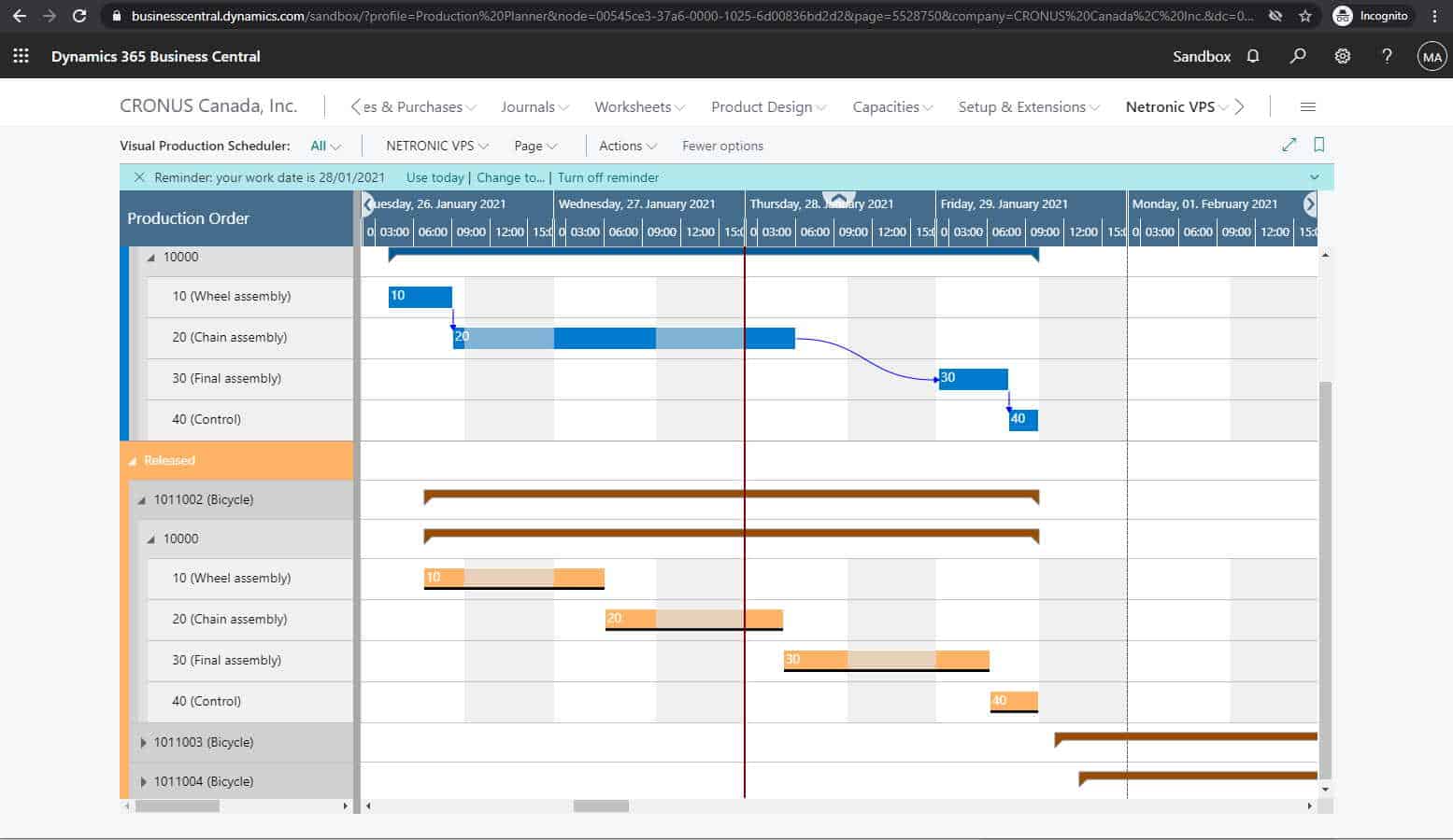Business Central manufacturing orders presented in Netronic Visual Production Scheduler