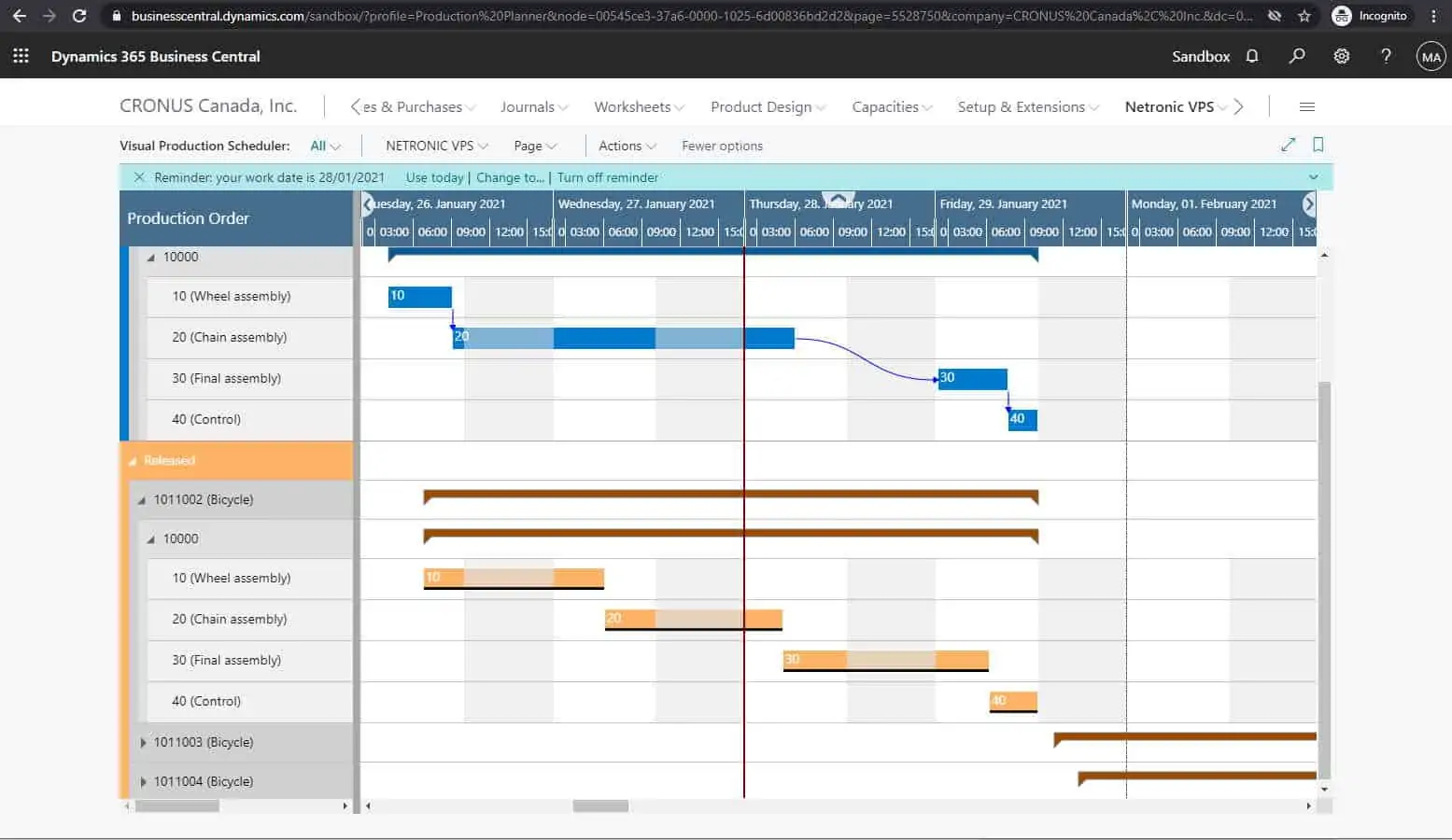 Business Central manufacturing orders presented in Netronic Visual Production Scheduler