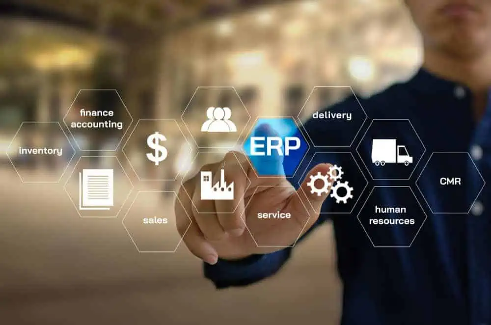 erp enterprise resource planning planning manage organization be able use resources efficiently maximum benefit management concept icons virtual screen