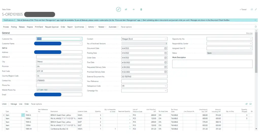 Business Central Sales Order